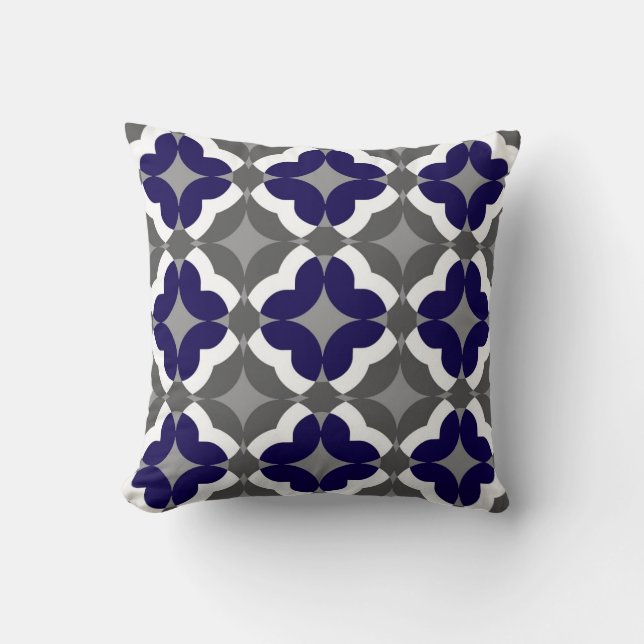 Abstract Floral Clover Pattern in Cobalt and Grey Throw Pillow (Front)