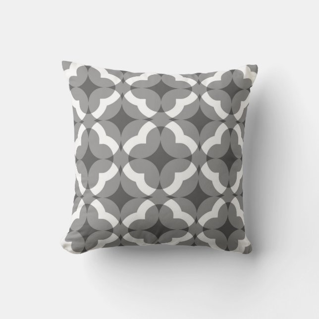 Abstract Floral Clover Pattern in Grey and White Throw Pillow (Front)