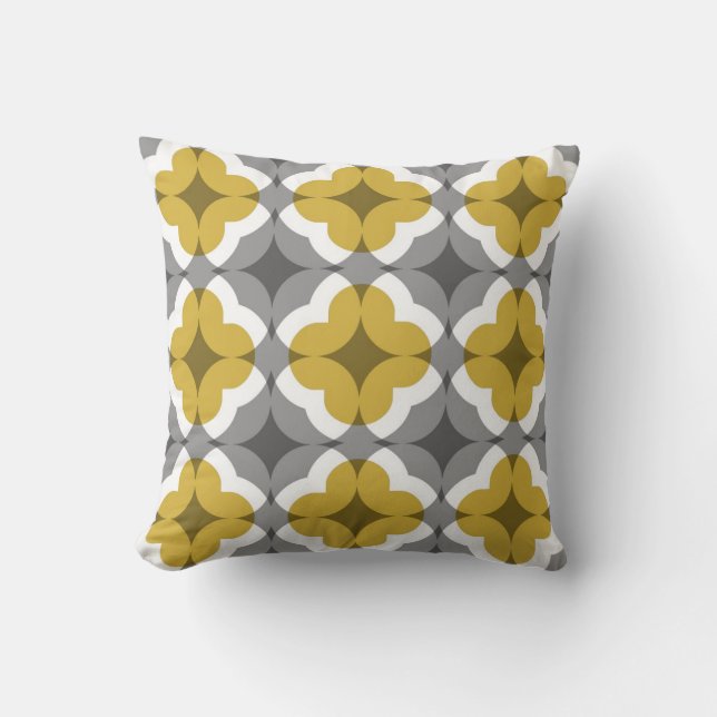 Abstract Floral Clover Pattern in Mustard and Grey Throw Pillow (Front)