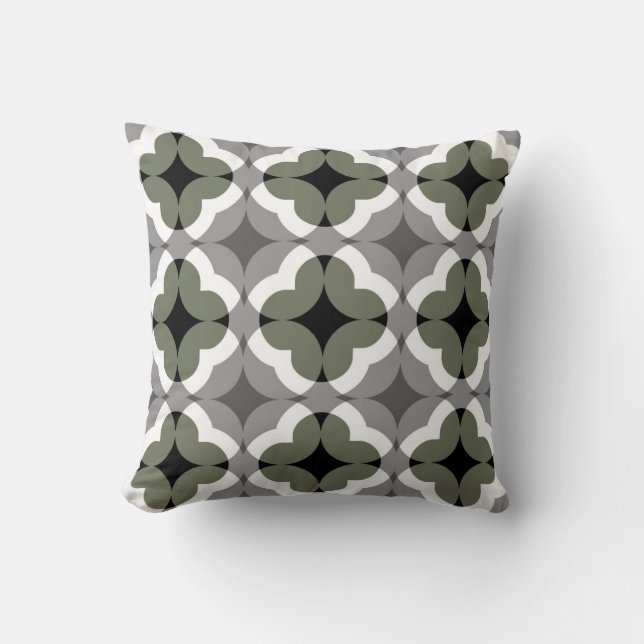 Abstract Floral Clover Pattern in Olive and Grey Throw Pillow (Front)
