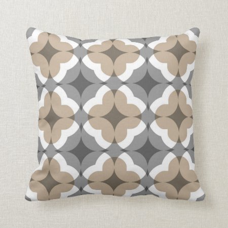 Abstract Floral Clover Pattern In Tan And Grey Throw Pillow