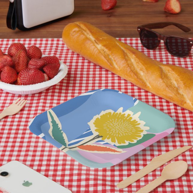 Abstract Floral Dandelion Color Blocks Modern  Paper Plates (Picnic)