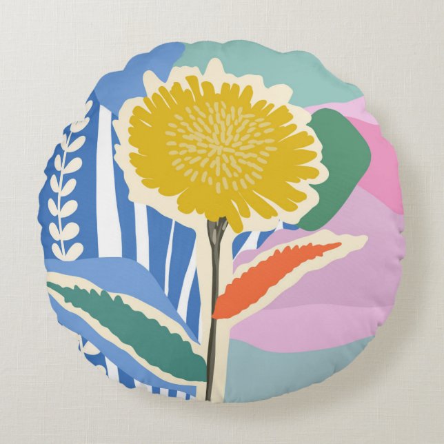 Abstract Floral Dandelion Color Blocks Modern  Round Pillow (Front)