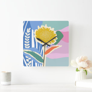 Abstract Floral Dandelion Color Blocks Modern Square Wall Clock