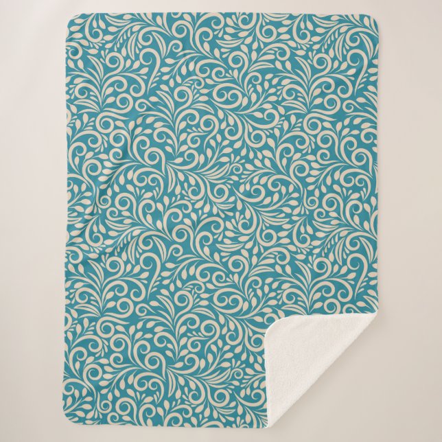 Abstract floral dark cyan pattern sherpa blanket (Front)