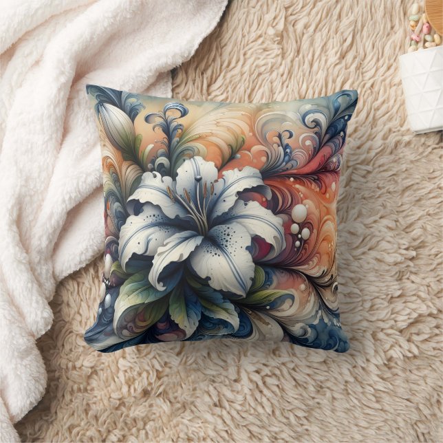 Abstract Floral Design Featuring White Lily Throw Pillow (Blanket)