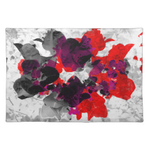 Abstract floral design - red and purple over white cloth placemat