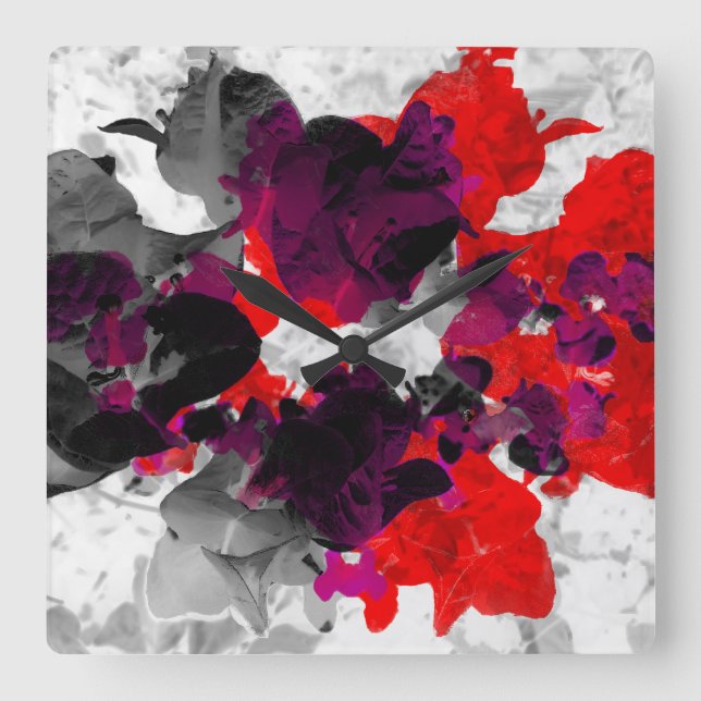 Abstract floral design - red and purple over white square wall clock (Front)