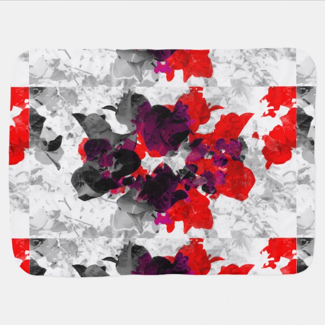 Abstract floral design - red and purple over white stroller blanket (Horizontal)