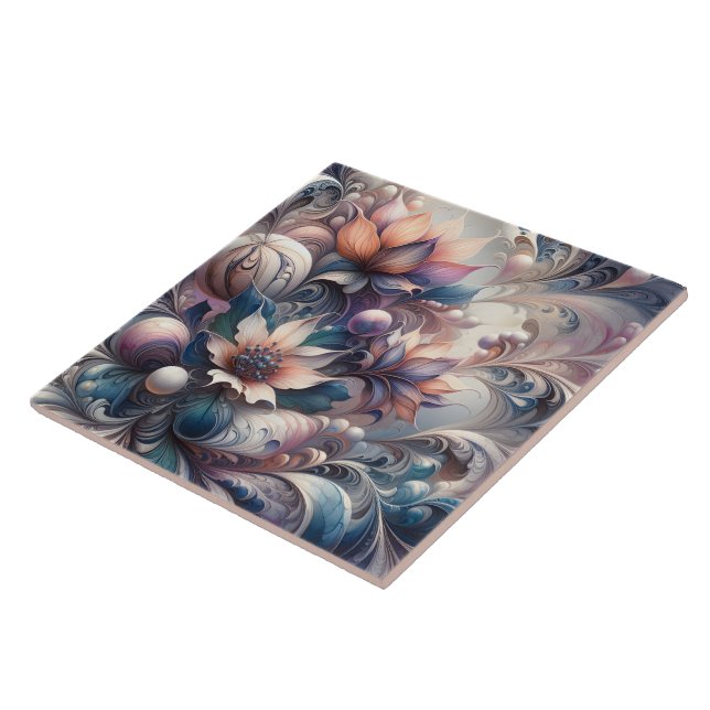 Abstract Floral Design With Swirls and Pearls Ceramic Tile (Side)