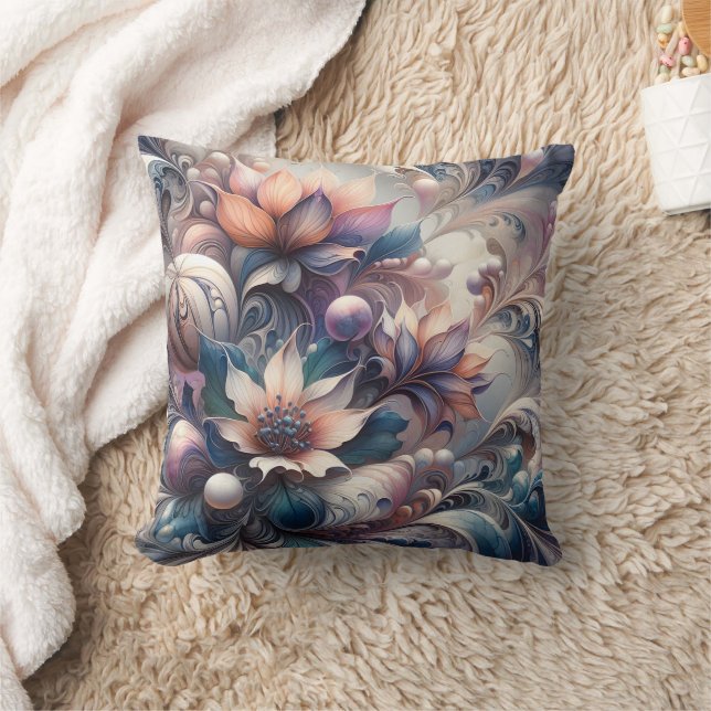 Abstract Floral Design With Swirls and Pearls Throw Pillow (Blanket)