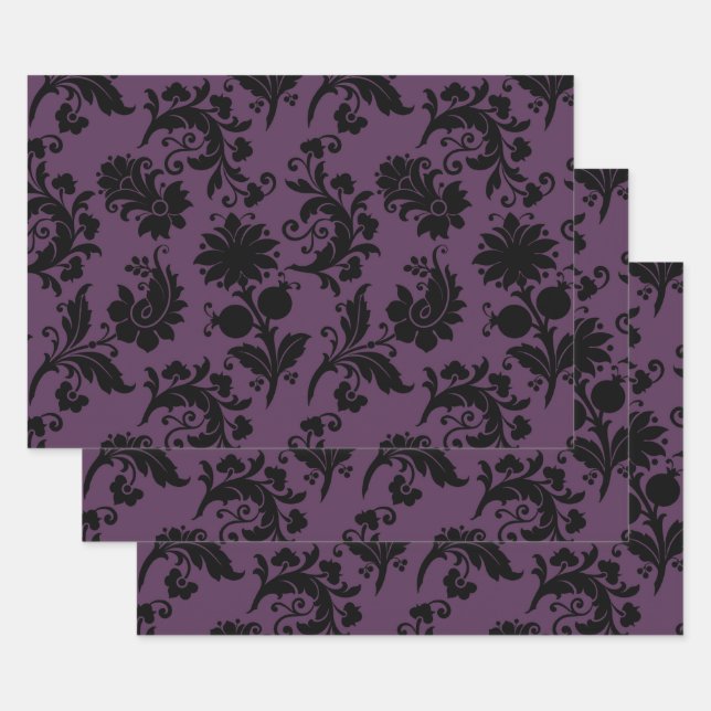 Abstract Floral Designs on Purple Wrapping Paper Sheets (Set)