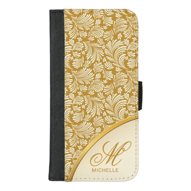 Abstract Floral Elegant Gold Ladies Monogram Folio iPhone Wallet Case (Front)