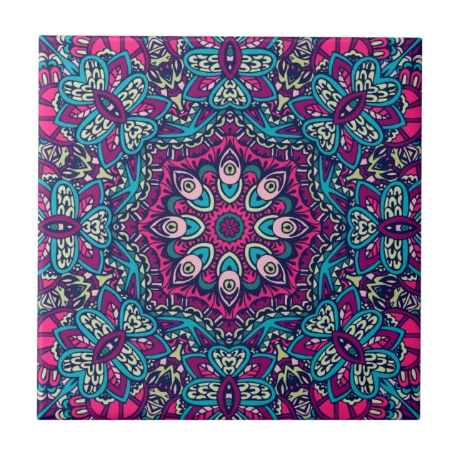 Abstract Floral Festive Mandala, Teal Magenta  Ceramic Tile (Front)