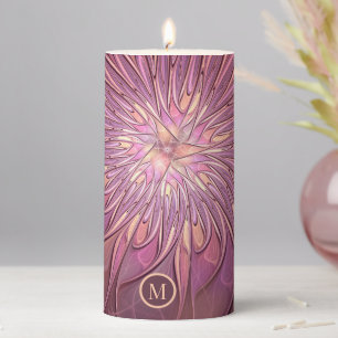 Abstract Floral Fractal Art Berry Colors Monogram Pillar Candle