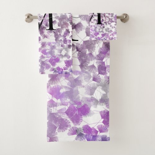 Abstract Floral Girly Purple White Monogram Name Bath Towel Set