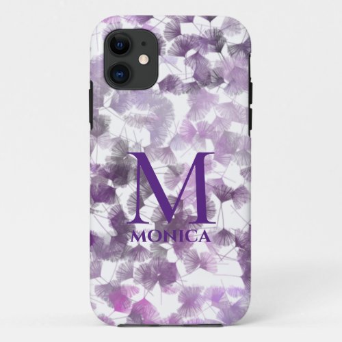 Abstract Floral Girly Purple White Monogram Name iPhone 11 Case
