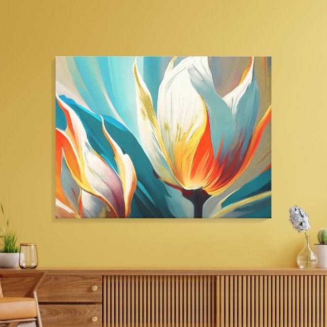 Abstract Floral Glow in Teal and Orange Canvas Print (Insitu(LivingRoom))