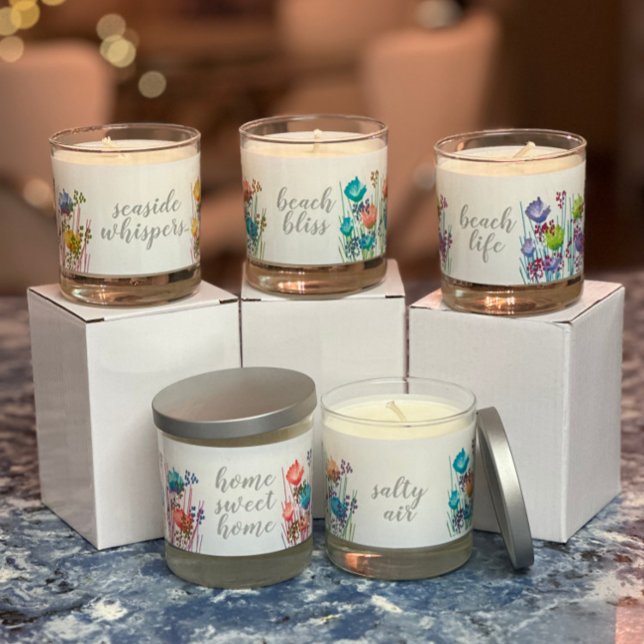 Abstract floral home sweet home coastal botanical  scented candle (Discover the perfect blend of elegance and tranquility with our scented beach themed candles. )