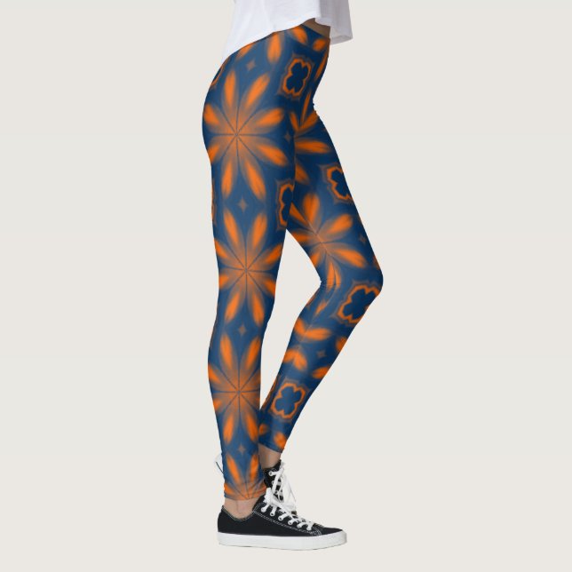 Abstract floral kaleidoscope dark blue orange  leggings (Right)
