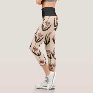 Abstract Floral Leaf Greenery Black Pattern Capri Leggings