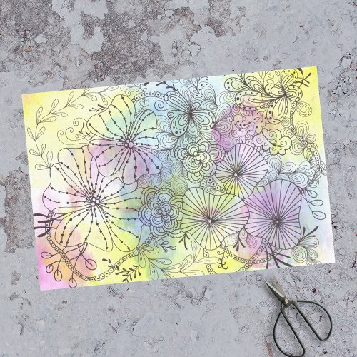Abstract Floral Line Art on Soft Wash Watercolor  Tissue Paper