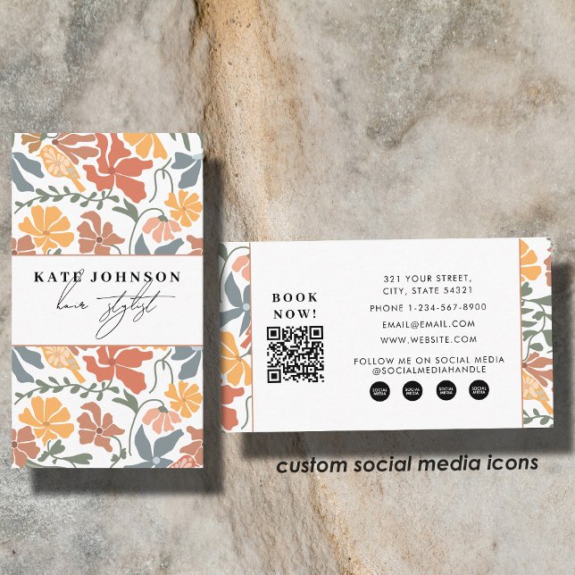 Abstract Floral Mid Century Salon Hair Stylist Business Card (Abstract Floral Mid Century Salon Hair Stylist Business Card)