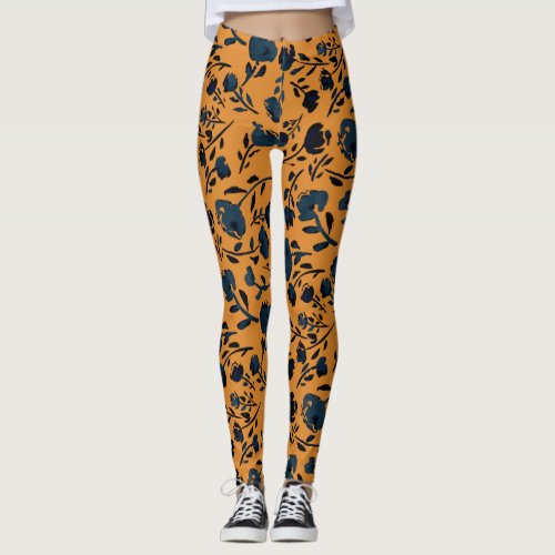 Abstract Floral Mustard  Blue Chic Leggings