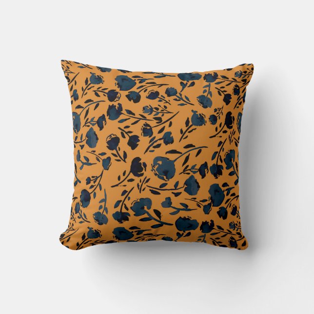 Abstract Floral Mustard & Blue Chic Throw Pillow (Front)