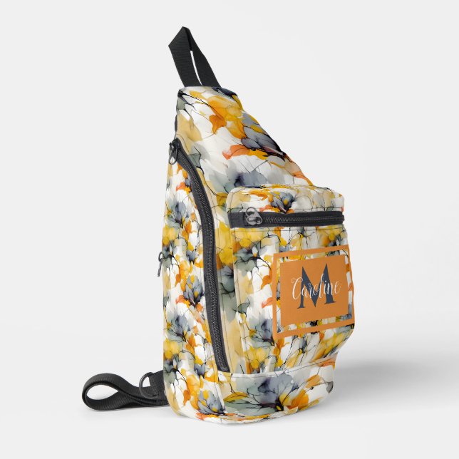 Abstract floral neutral earth tones name monogram sling bag (Left Corner)