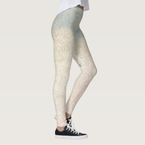 Abstract Floral on Blue and White Gradient Stains Leggings