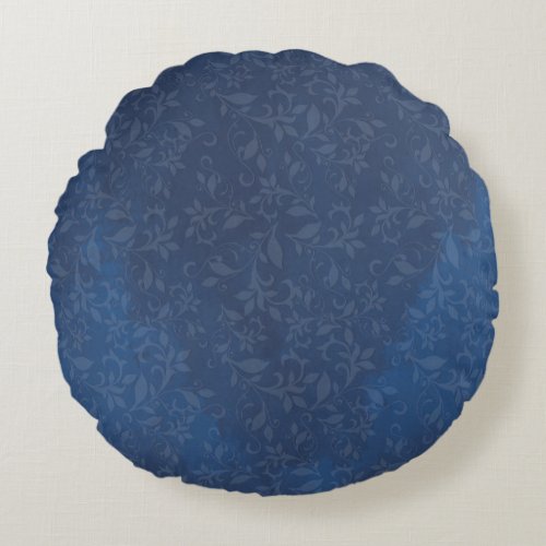 Abstract Floral on Navy Blue Stains Background Round Pillow