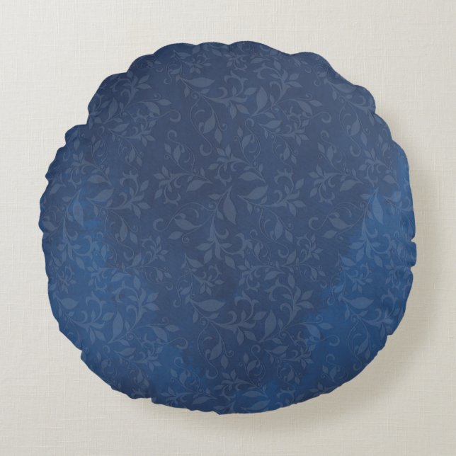 Abstract Floral on Navy Blue Stains Background Round Pillow (Front)