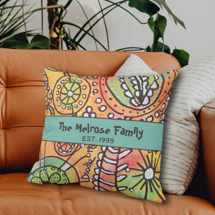 Abstract Floral Orange Blue Green Fun Family Name Outdoor Pillow