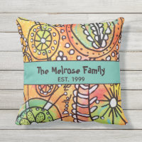 Abstract Floral Orange Blue Green Fun Family Name Outdoor Pillow