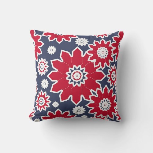 Abstract floral pattern burgundy white blue throw pillow