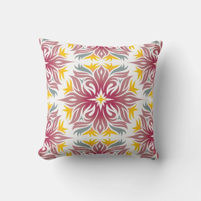 Abstract Floral Pattern Cranberry Yellow Throw Pillow (Front)