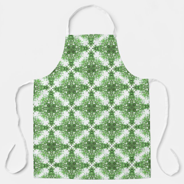 Abstract Floral Pattern In Black Green On White Apron (Front)