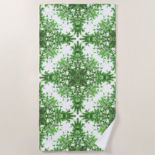 Abstract Floral Pattern In Black & Green On White Beach Towel