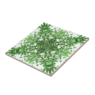 Abstract Floral Pattern In Black Green On White Ceramic Tile