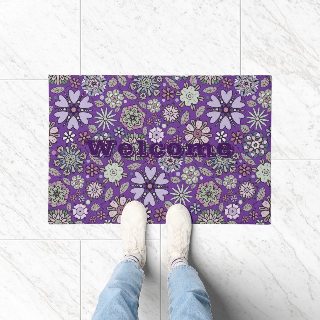 Abstract Floral Pattern In Black & Green On White  Doormat (Indoor)