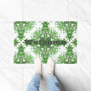 Abstract Floral Pattern In Black & Green On White Doormat