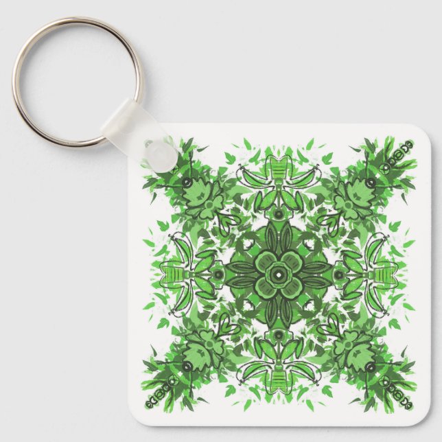 Abstract Floral Pattern In Black & Green On White Keychain (Front)