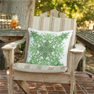 Abstract Floral Pattern In Black & Green On White Outdoor Pillow