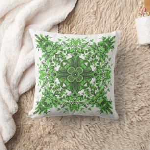 Abstract Floral Pattern In Black & Green On White Throw Pillow