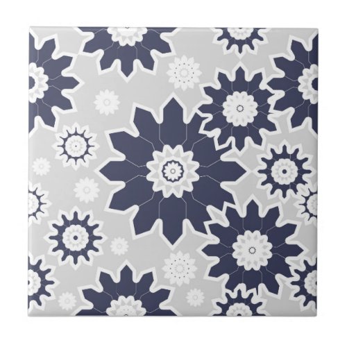 Abstract floral pattern navy blue white grey ceramic tile