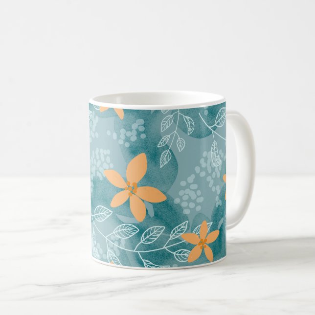 Abstract floral pattern orange teal coffee mug (Front Right)