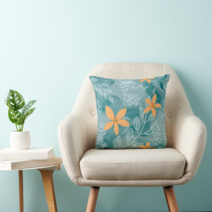 Abstract floral pattern orange teal throw pillow
