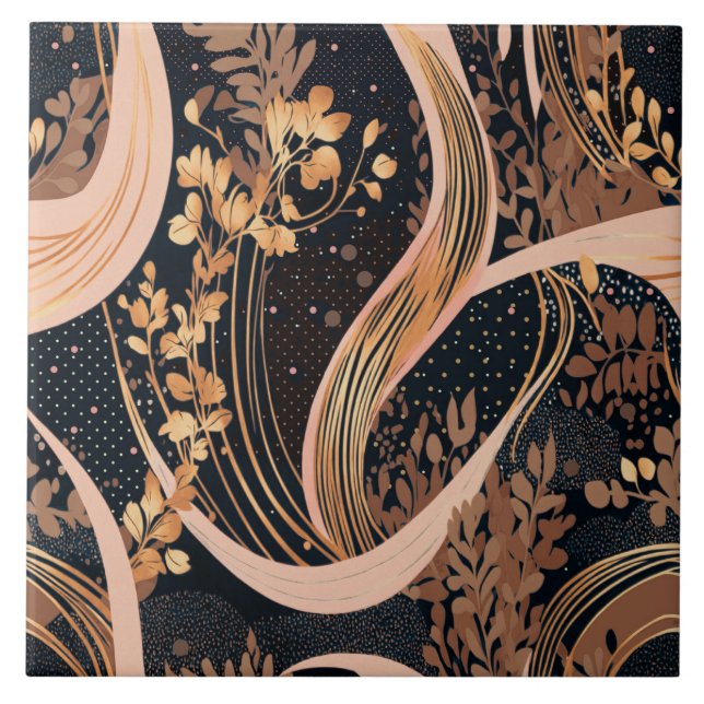 Abstract floral pattern, polka dots, vines ceramic tile (Front)