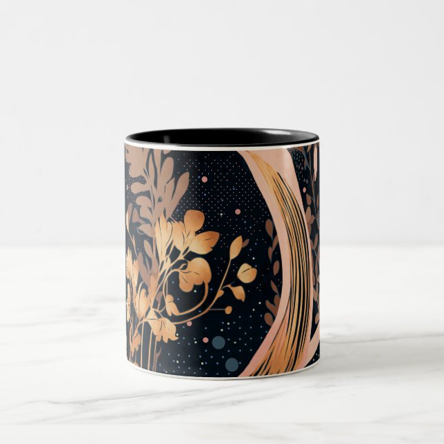 Abstract floral pattern, polka dots, vines Two-Tone coffee mug (Center)